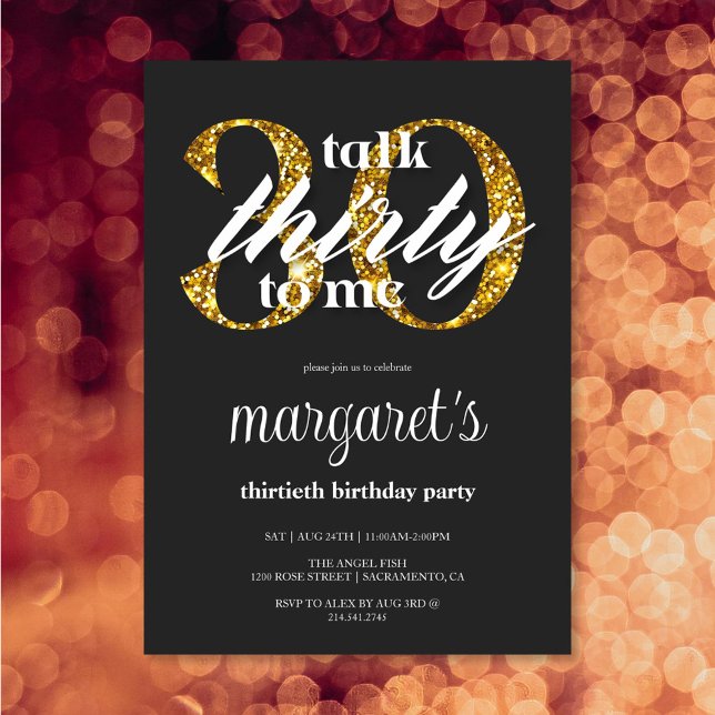 Chic Girly Black Gold Glitter 30th Birthday Party Invitation (Creator Uploaded)