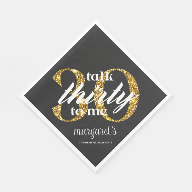 Chic Girly Black Gold Glitter 30th Birthday Party Napkins (Corner)