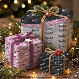 Chic Girly Black Pink Silver Glitter Monogram Wrapping Paper Sheets