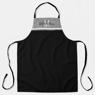 Chic Girly Black Silver Glitter Monogram Name Apron