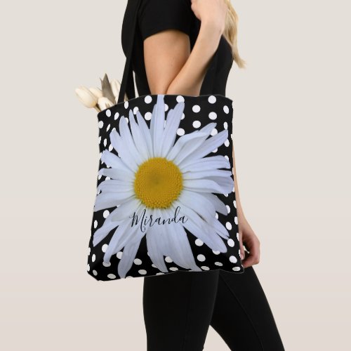 Chic Girly Black White Polka Dots Daisy Custom Tote Bag