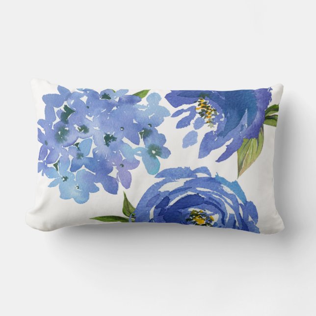 Chic Girly Blue Floral Peonies Hydrangeas Lumbar Pillow (Front)