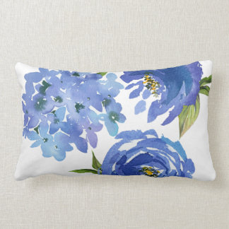 Chic Girly Blue Floral Peonies Hydrangeas Lumbar Pillow