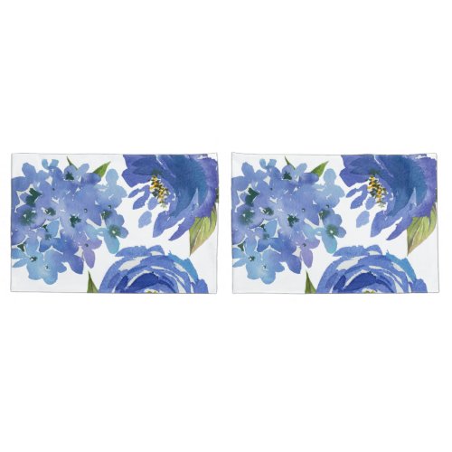 Chic Girly Blue Floral Peonies Hydrangeas Pillow Case