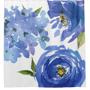 Chic Girly Blue Floral Peonies Hydrangeas Shower Curtain