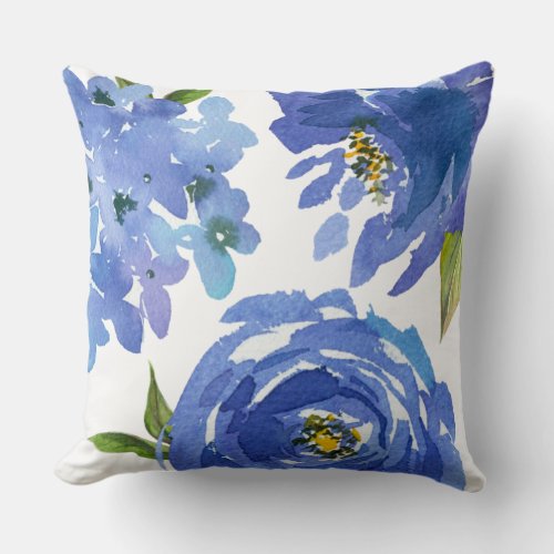 Chic Girly Blue Floral Peonies Hydrangeas Throw Pillow