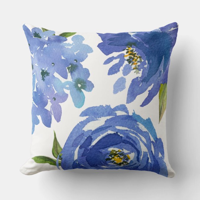Chic Girly Blue Floral Peonies Hydrangeas Throw Pillow (Front)