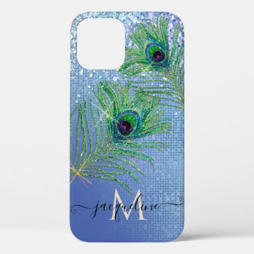 Chic Girly Blue Glitter Peacock Feathers Monogram iPhone 12 Case