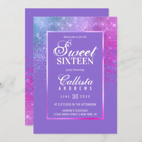 Chic Girly Blue Purple Glitter Confetti Sweet 16 Invitation