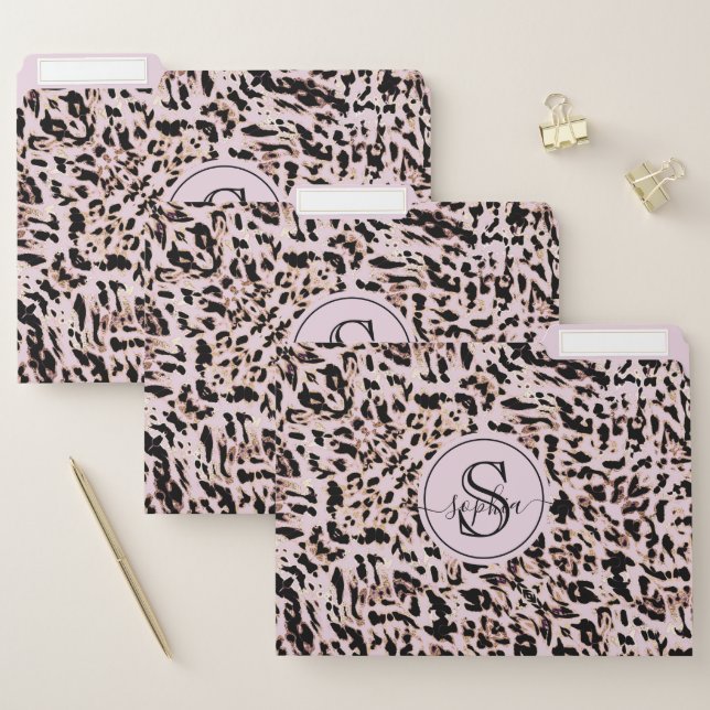 Chic Girly Blush Pink Black Gold Leopard Print File Folder (Set)