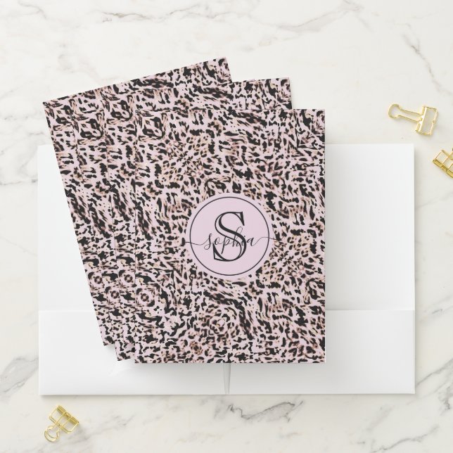 Chic Girly Blush Pink Black Gold Leopard Print Pocket Folder (In Situ)