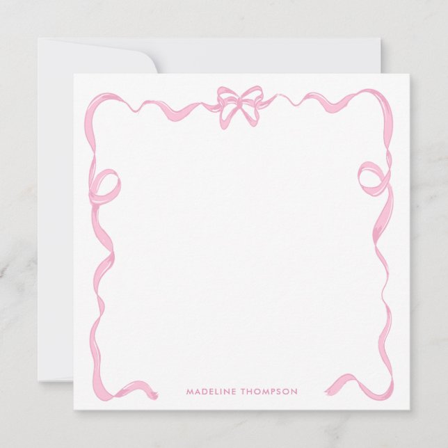 Chic Girly Blush Pink Bow Ribbon Frame Note Card (Front)