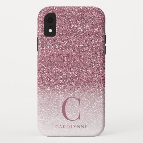 Chic Girly Blush Pink Glitter Ombre Monogram iPhone XR Case