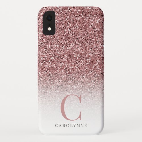 Chic Girly Blush Pink Glitter Ombre Monogram iPhone XR Case