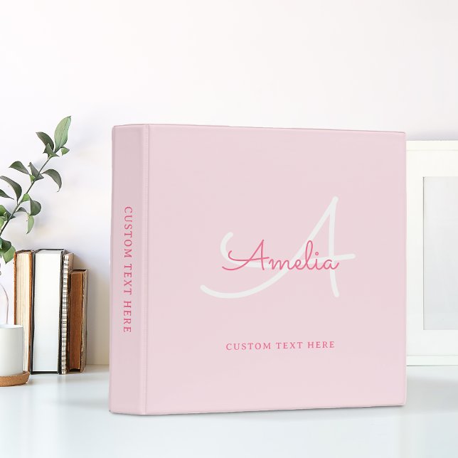 Chic Girly Blush Pink Script Typography Monogram 3 Ring Binder (Creator Uploaded)