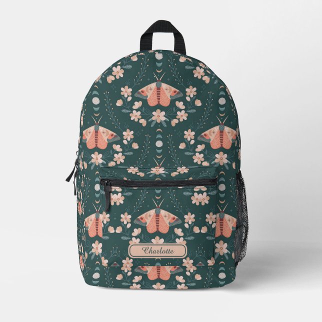 Chic Girly Boho Floral Luna Moth Daisy Floral Printed Backpack (Front)