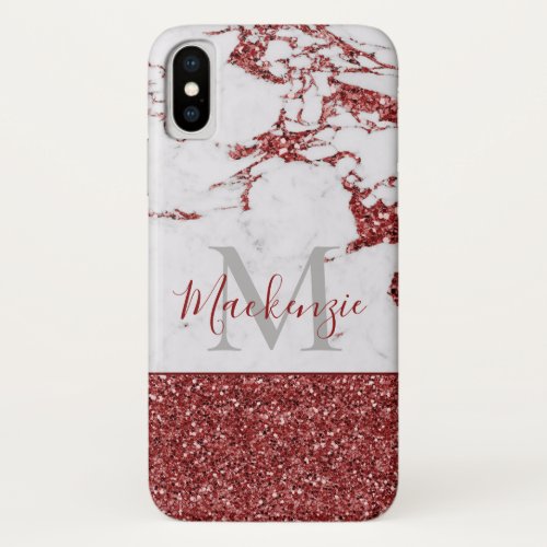 Chic Girly Burgundy Pink Glitter Marble Monogram iPhone XS Case