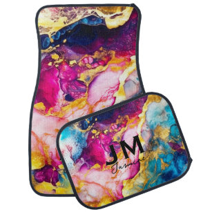 Chic girly colorful marble faux glitter monogram car floor mat
