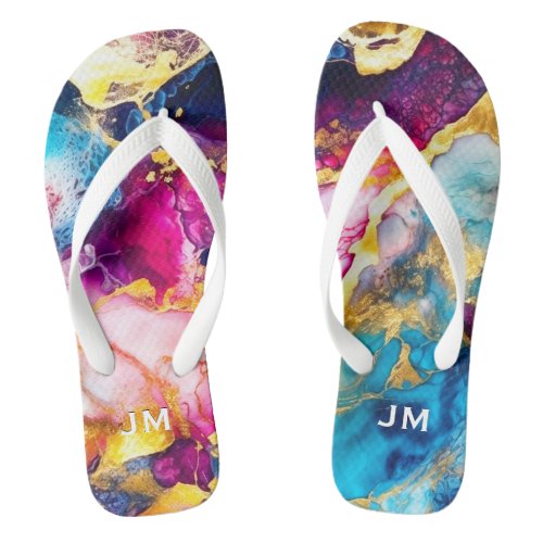 Chic girly colorful marble faux glitter monogram flip flops