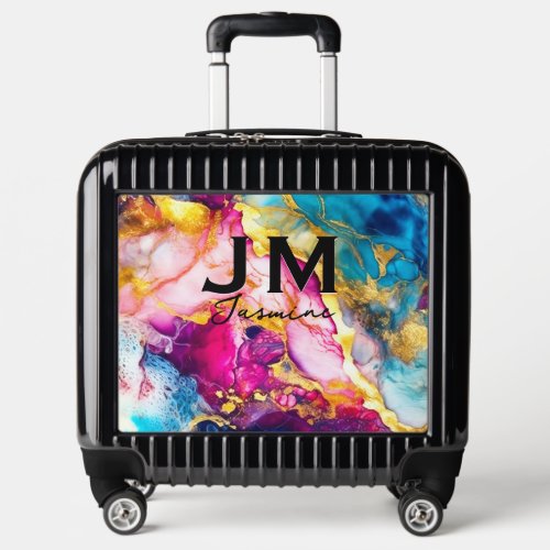 Chic girly colorful marble faux glitter monogram luggage
