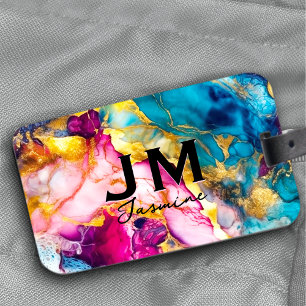 Chic girly colorful marble faux glitter monogram luggage tag