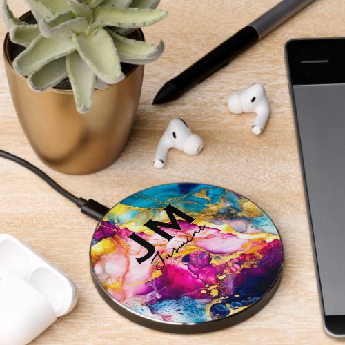 Chic girly colorful marble faux glitter monogram wireless charger 