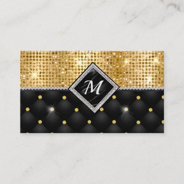 Chic girly faux glitter gold black monogram  appointment card (Front)