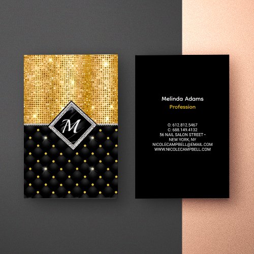 Chic girly faux glitter gold black monogram  business card
