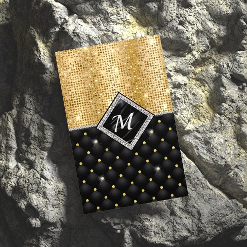 Chic girly faux glitter gold black monogram  business card magnet