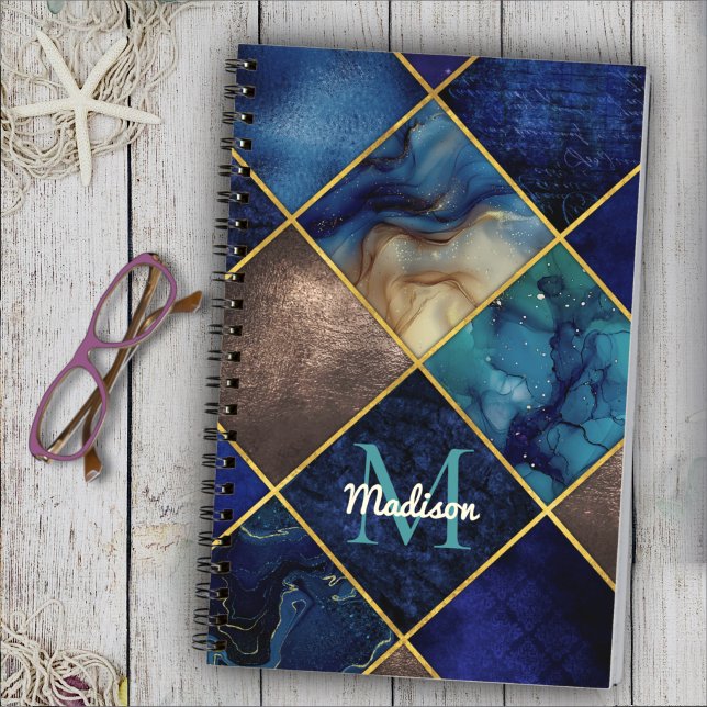 Chic girly faux Glitter gold blue geometric Notebook (Creator Uploaded)