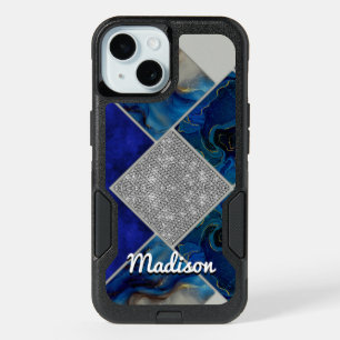 Chic girly faux Glitter silver blue geometric  iPhone 15 Case