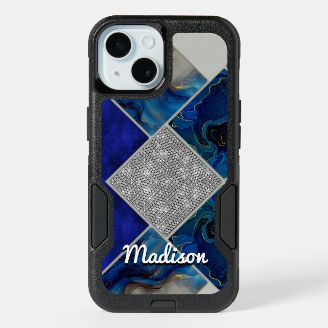 Chic girly faux Glitter silver blue geometric  iPhone 15 Case (Back)