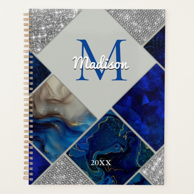 Chic girly faux Glitter silver blue geometric Planner (Front)