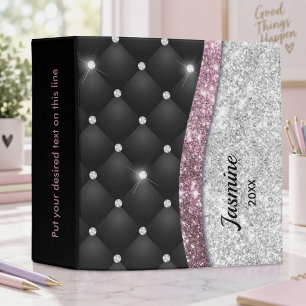 Chic girly faux Silver glitter black pink monogram 3 Ring Binder