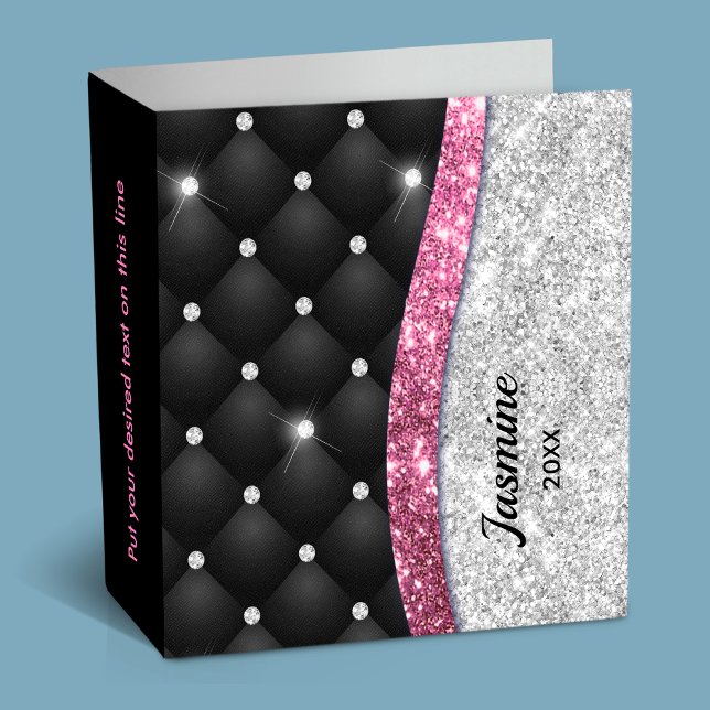 Chic girly faux Silver glitter black pink monogram 3 Ring Binder (Creator Uploaded)