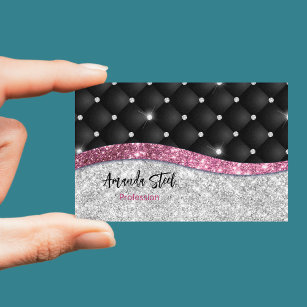 Chic girly faux Silver glitter black pink monogram Business Card