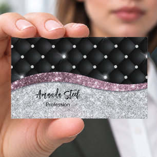 Chic girly faux Silver glitter black pink monogram Business Card Magnet