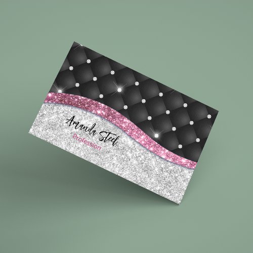 Chic girly faux Silver glitter black pink monogram Business Card Magnet