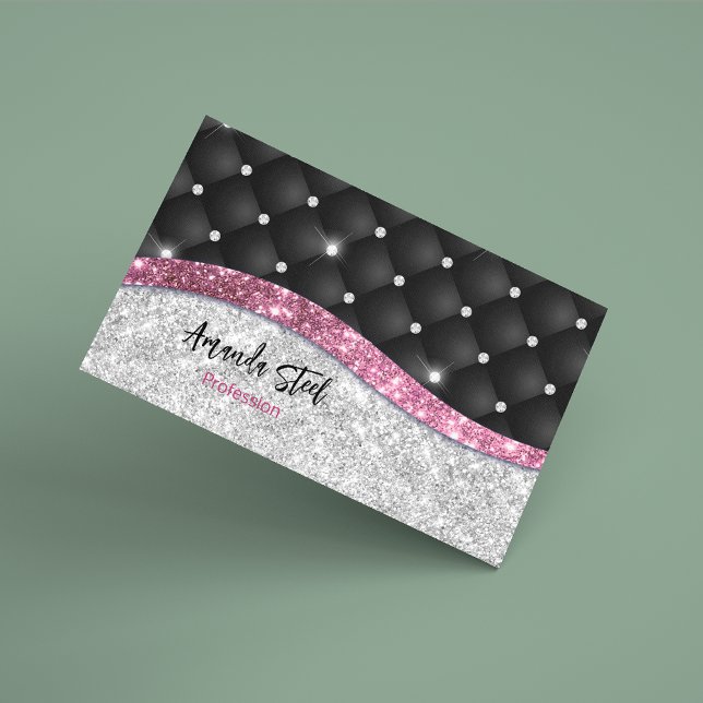 Chic girly faux Silver glitter black pink monogram Business Card Magnet (Creator Uploaded)