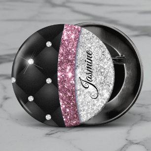 Chic girly faux Silver glitter black pink monogram Button