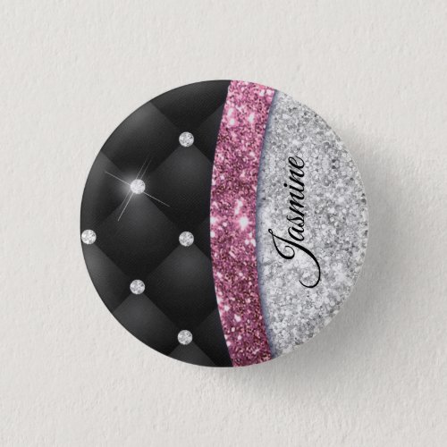 Chic girly faux Silver glitter black pink monogram Button