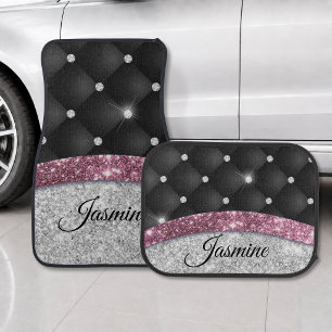 Chic girly faux Silver glitter black pink monogram Car Floor Mat