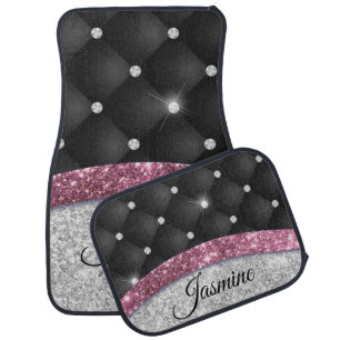 Chic girly faux Silver glitter black pink monogram Car Floor Mat