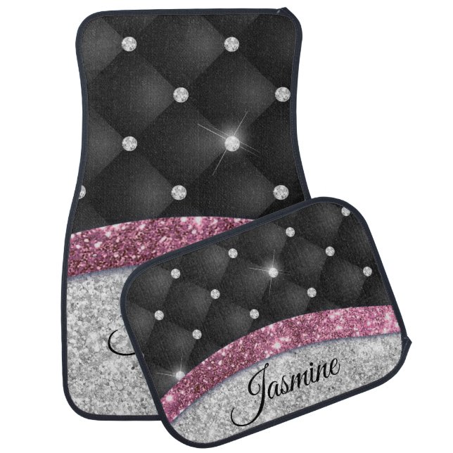 Chic girly faux Silver glitter black pink monogram Car Floor Mat (Set)