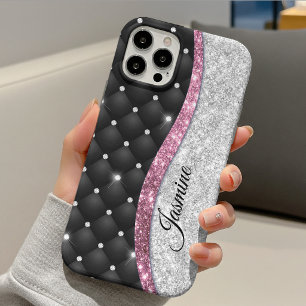 Chic girly faux Silver glitter black pink monogram iPhone 13 Case