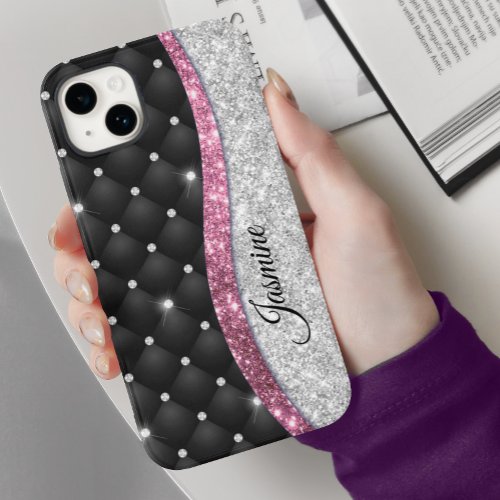 Chic girly faux Silver glitter black pink monogram Case_Mate iPhone 14 Case