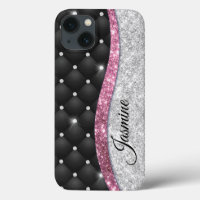 Chic girly faux Silver glitter black pink monogram