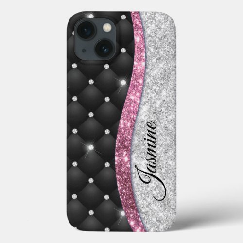 Chic girly faux Silver glitter black pink monogram iPhone 13 Case