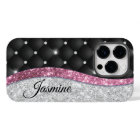 Chic girly faux Silver glitter black pink monogram