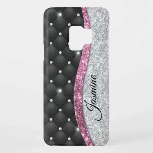 Chic girly faux Silver glitter black pink monogram Case_Mate Samsung Galaxy S9 Case